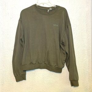 Divided sage green sweater with Love embroidered on the front size large